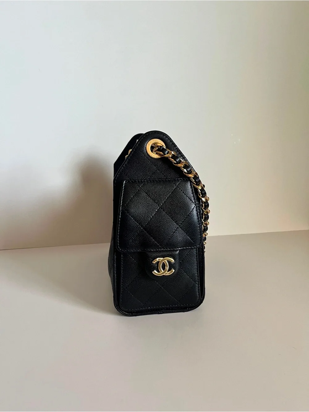 Chanel MINI 25 Black Quilted Leather Bucket Bag with Gold Chain